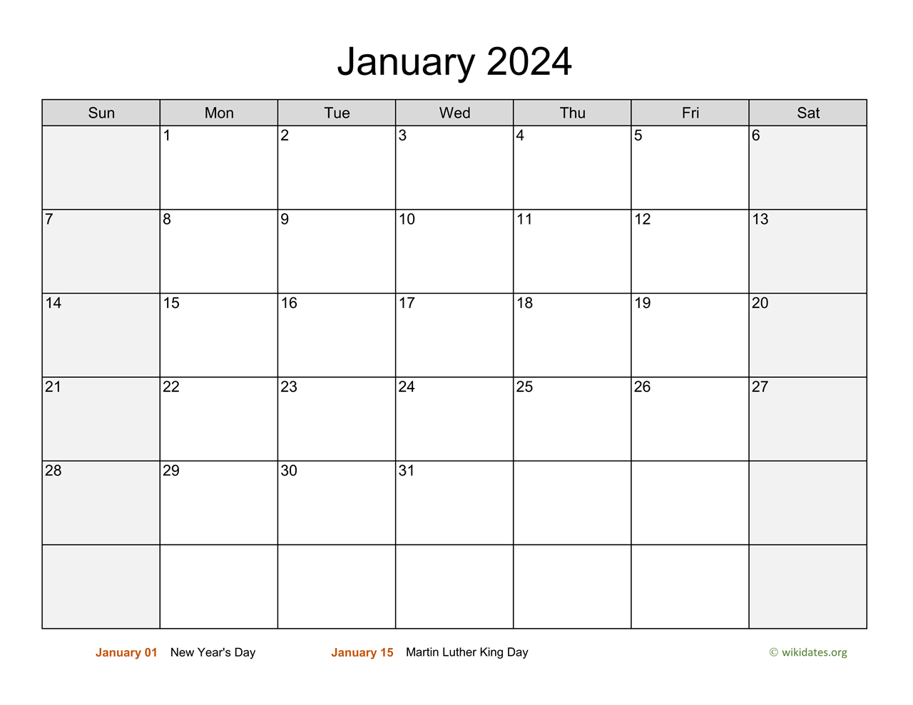 Monthly 2024 Calendar with Weekend Shaded | WikiDates.org