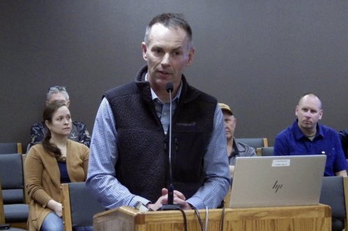 Berthold-area farmer Roger Neshem testifies during a bill hearing on Thursday, Jan. 30, 2025, at the state Capitol in Bismarck, N.D. (AP Photo/Jack Dura)