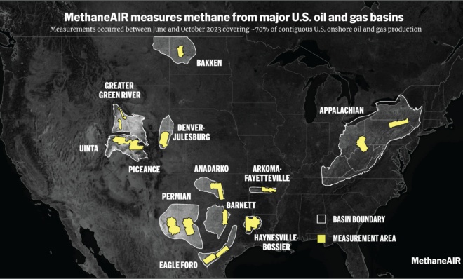 This map of the U.S. shows the outlines of major oil and gas producing basins outlined in white and the area of MethaneAIR flights in yellow. Courtesy Environmental Defense Fund.