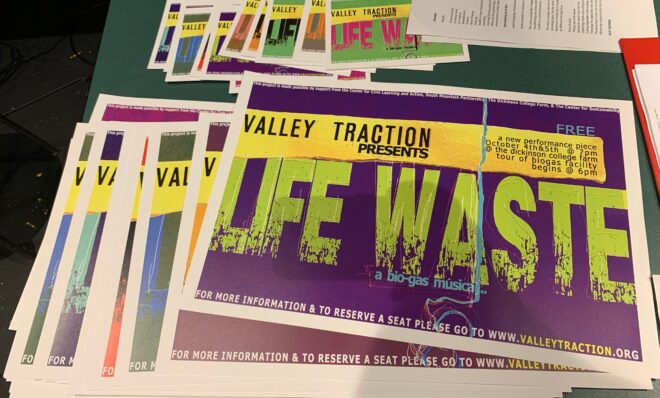 Posters for Life Waste: A Biogas Musical are arranged on a table on Sept. 25, 2024.