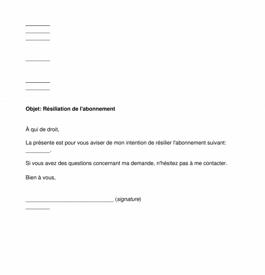 Modele Lettre De Resiliation Lettre De Resiliation D Un Abonnement ...