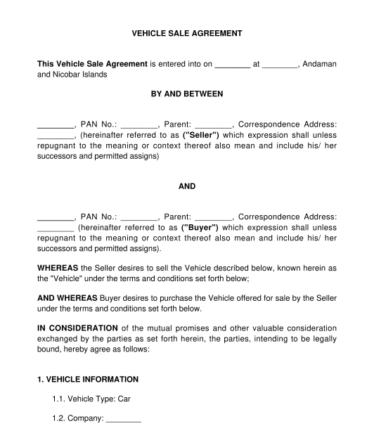 Template For Car Sale Agreement