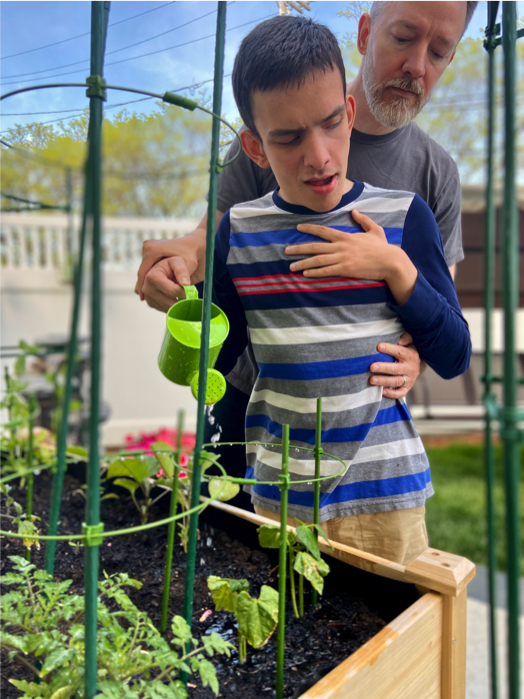 Ivan and his dad watering plants in a raised garden bed.