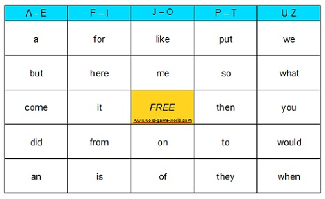 sight word bingo card