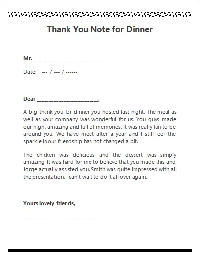 Thank you note template For Dinner