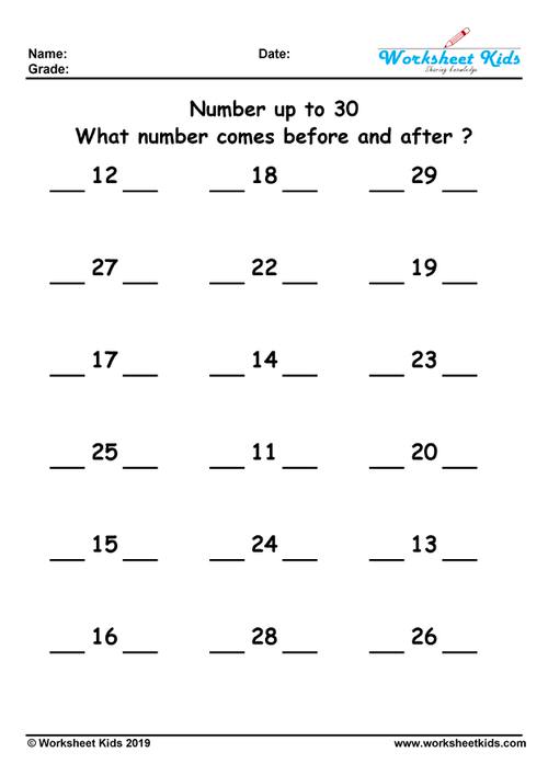 What number comes before and after ? 1 to 20, 100, 500, 1000