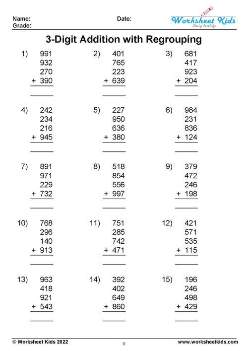 3-Digit Addition with Regrouping Worksheet for 2nd and 3rd Grade