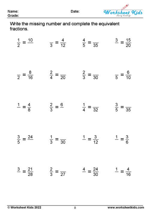 Equivalent Fractions Worksheets for 3rd and 4th Grade - Free PDF