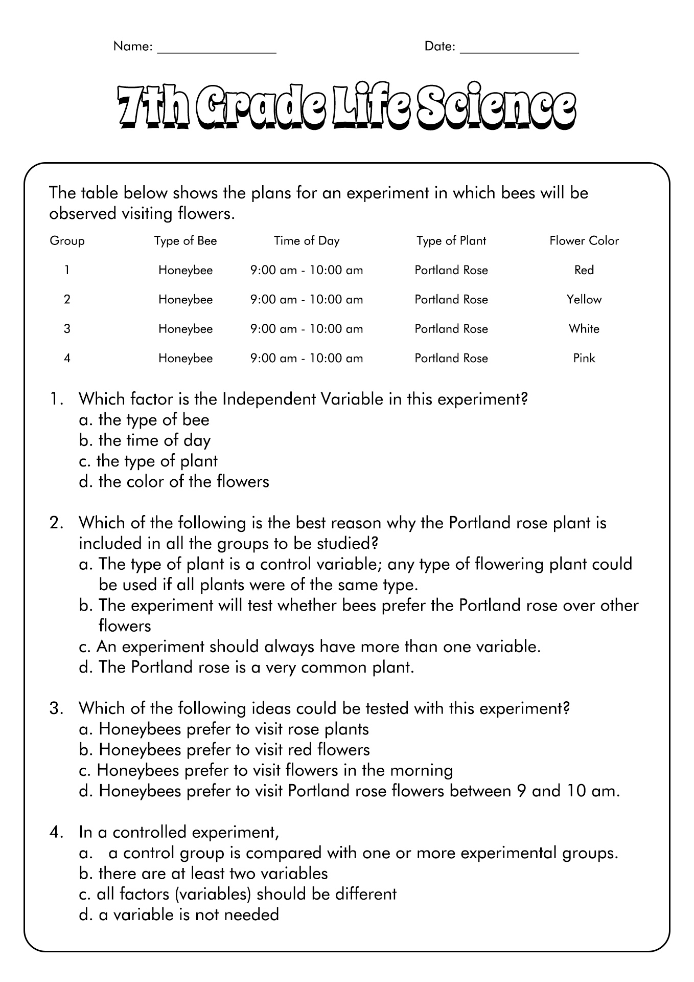 7th Grade Life Science Test