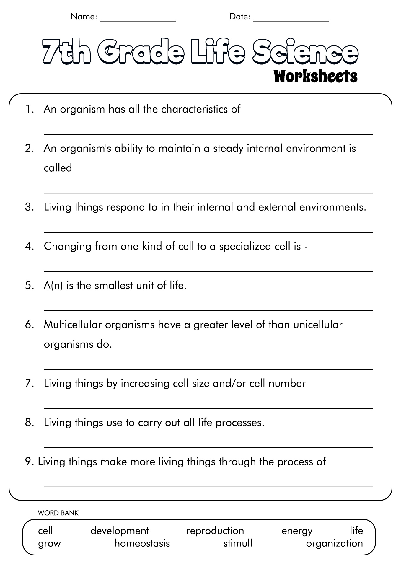 7th Grade Life Science Worksheets