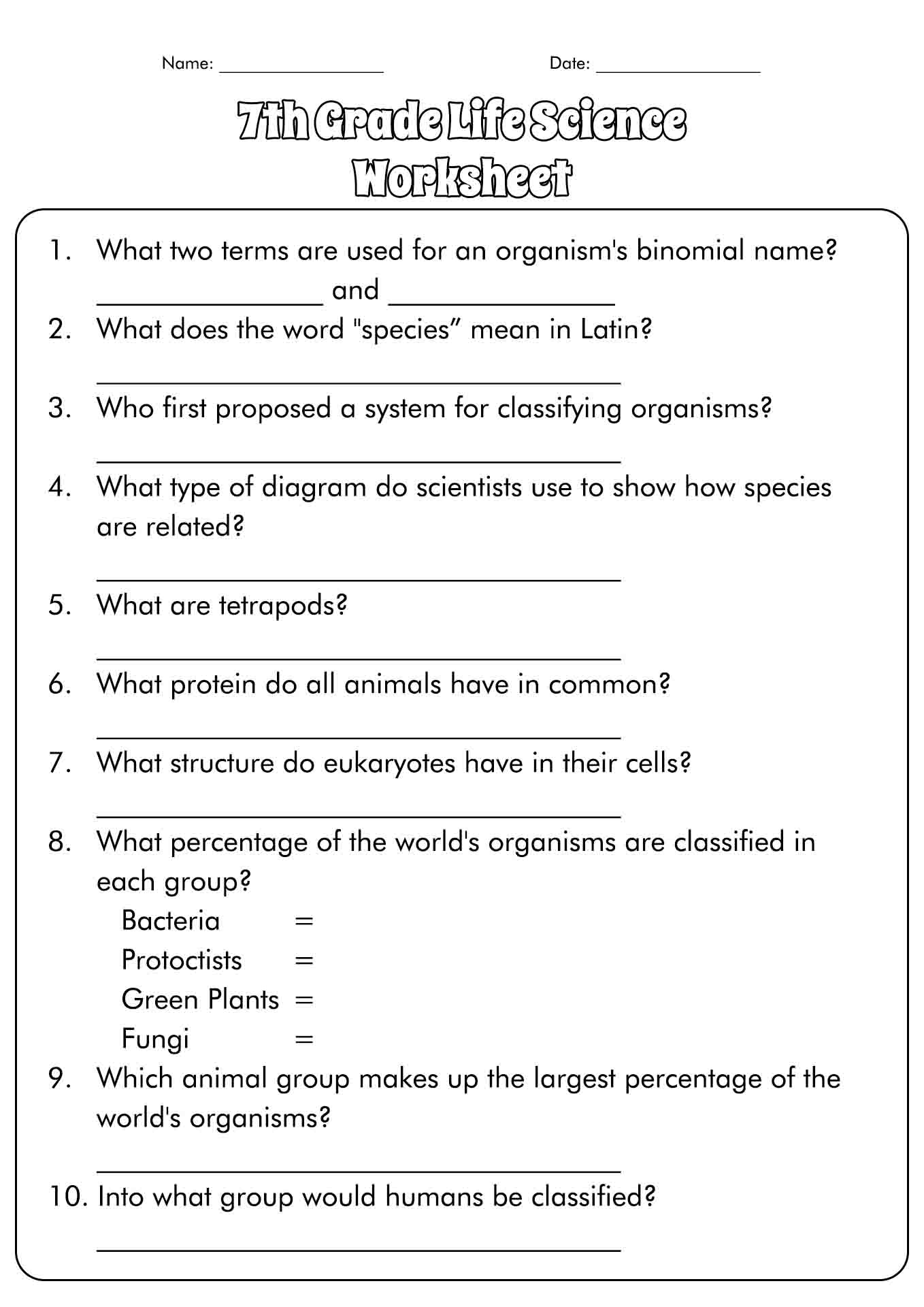 7th Grade Life Science Worksheets