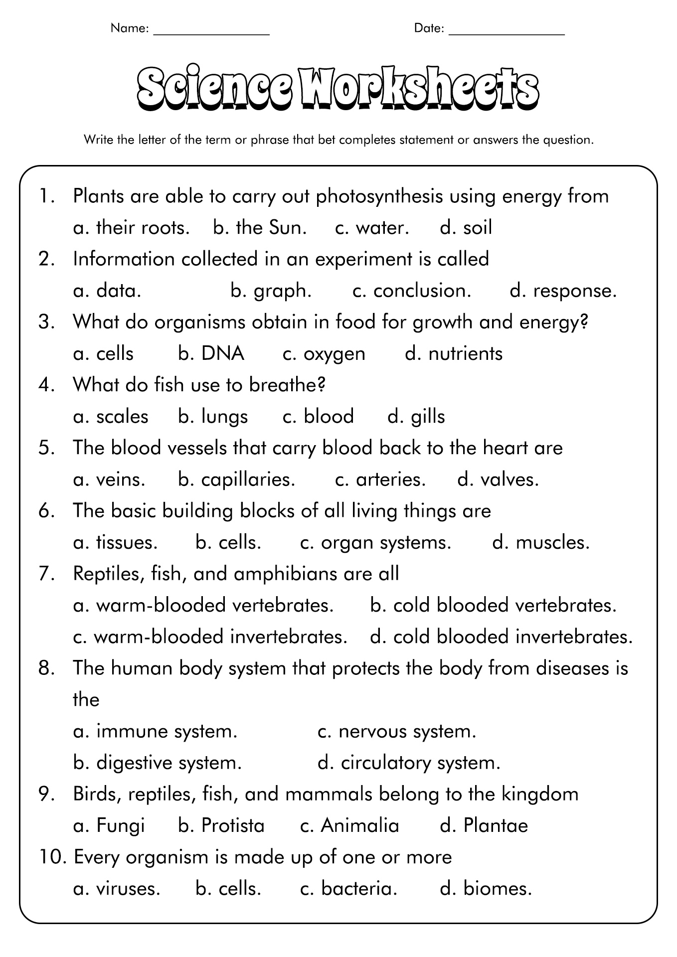 7th Grade Life Science Worksheets