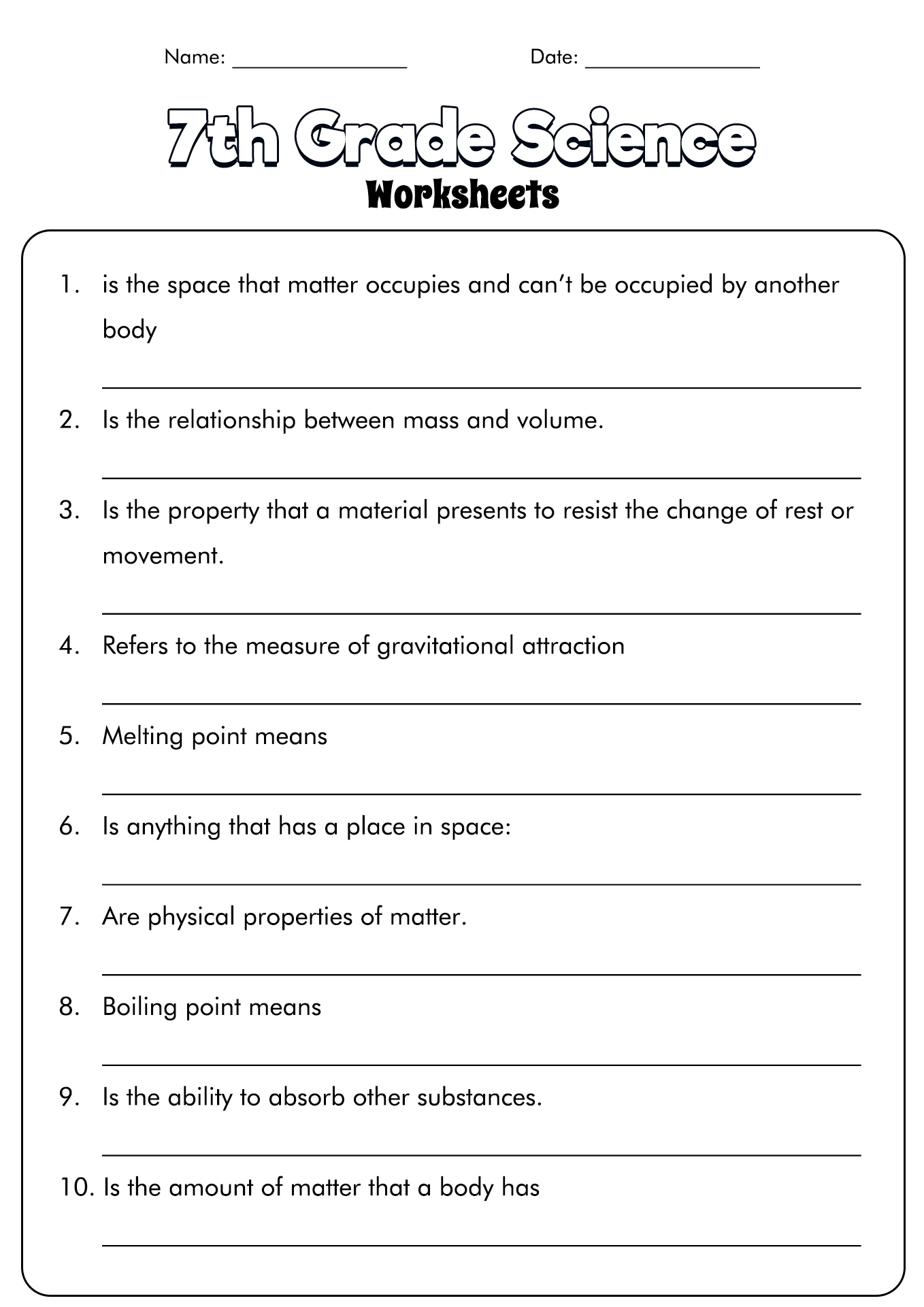 7th Grade Science Worksheets