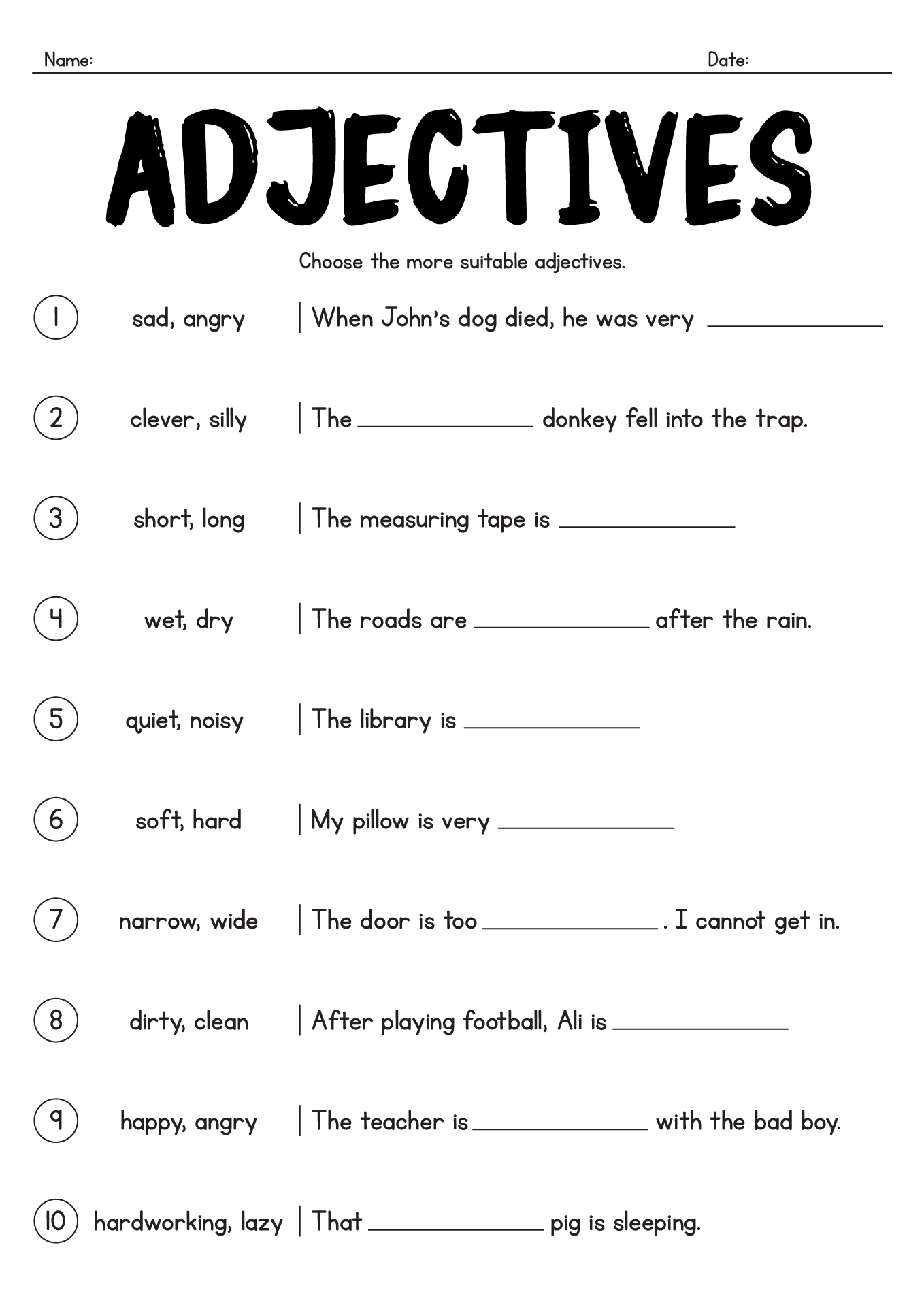 Free Printable Adjective Worksheets