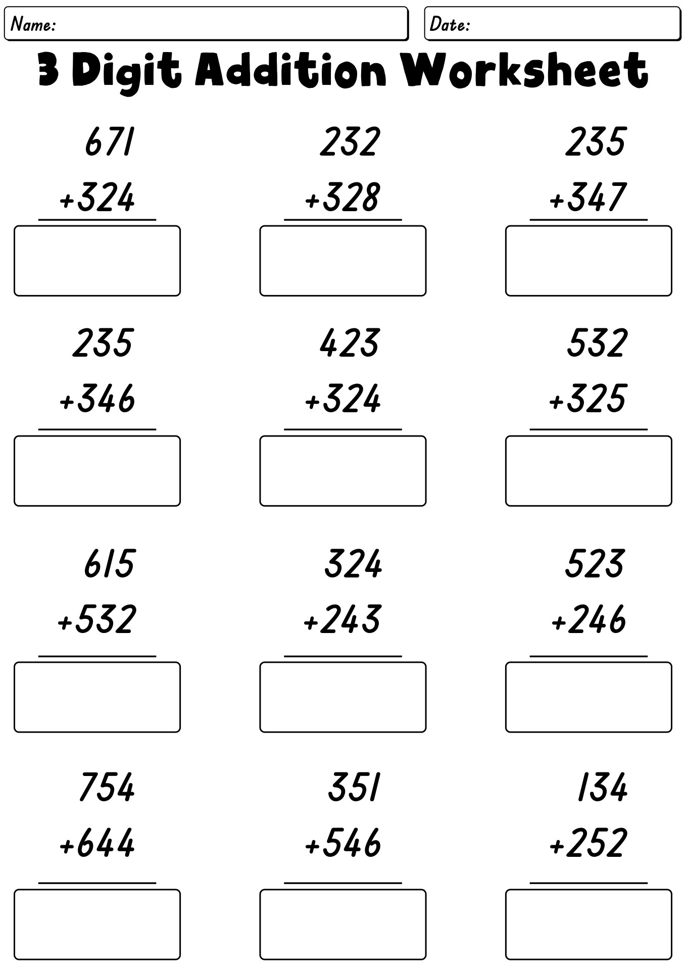 Adding Three Digit Numbers Worksheets