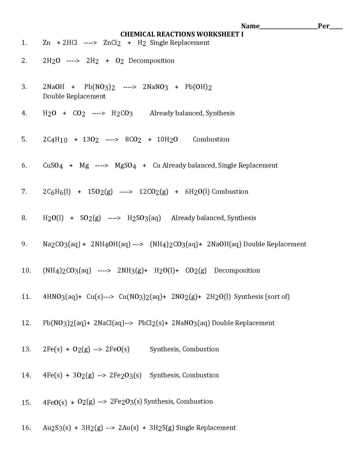 Bill Nye Chemical Reactions Worksheet