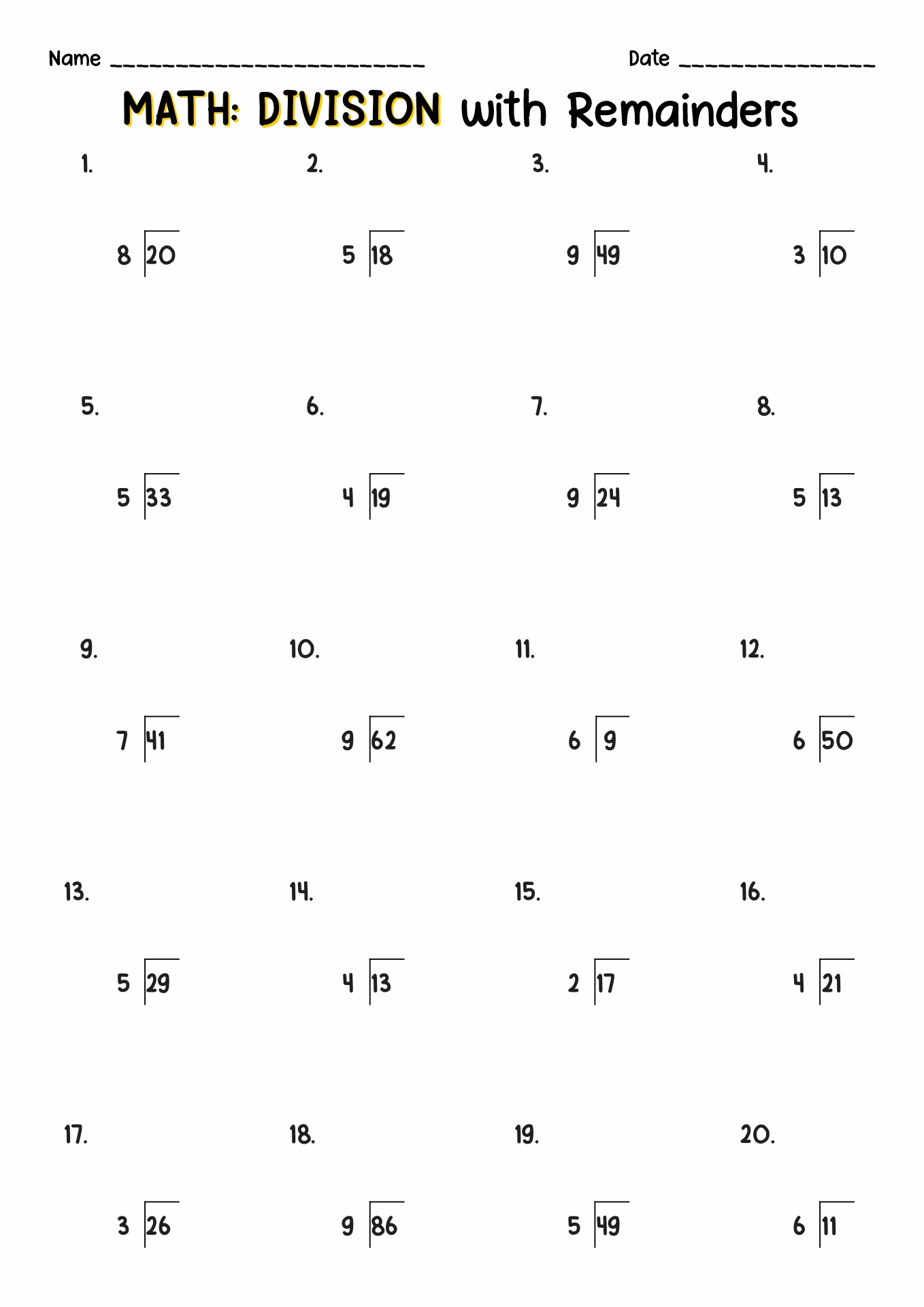 Long Division Printable Worksheets