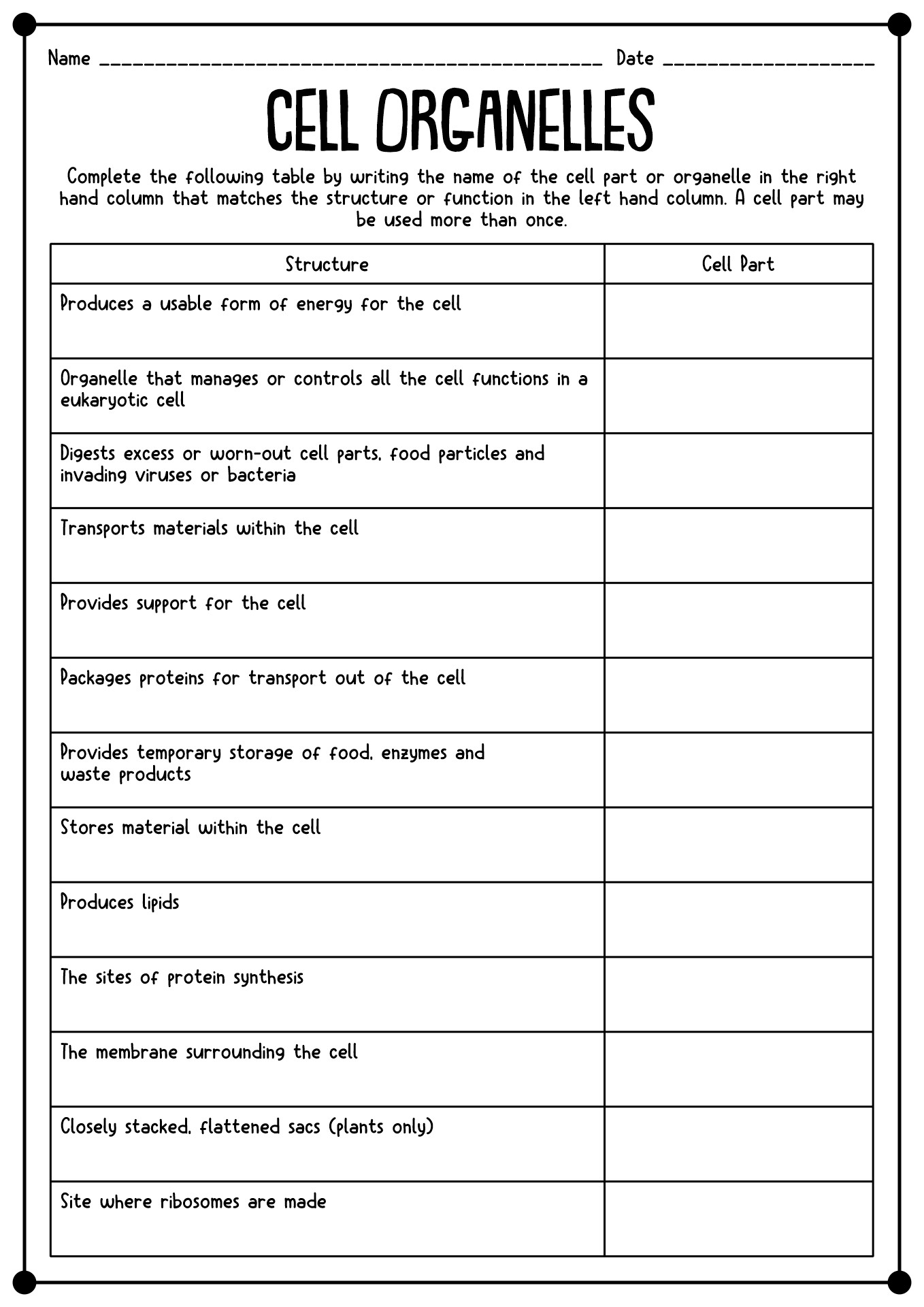 Biology Cell Organelles Worksheet