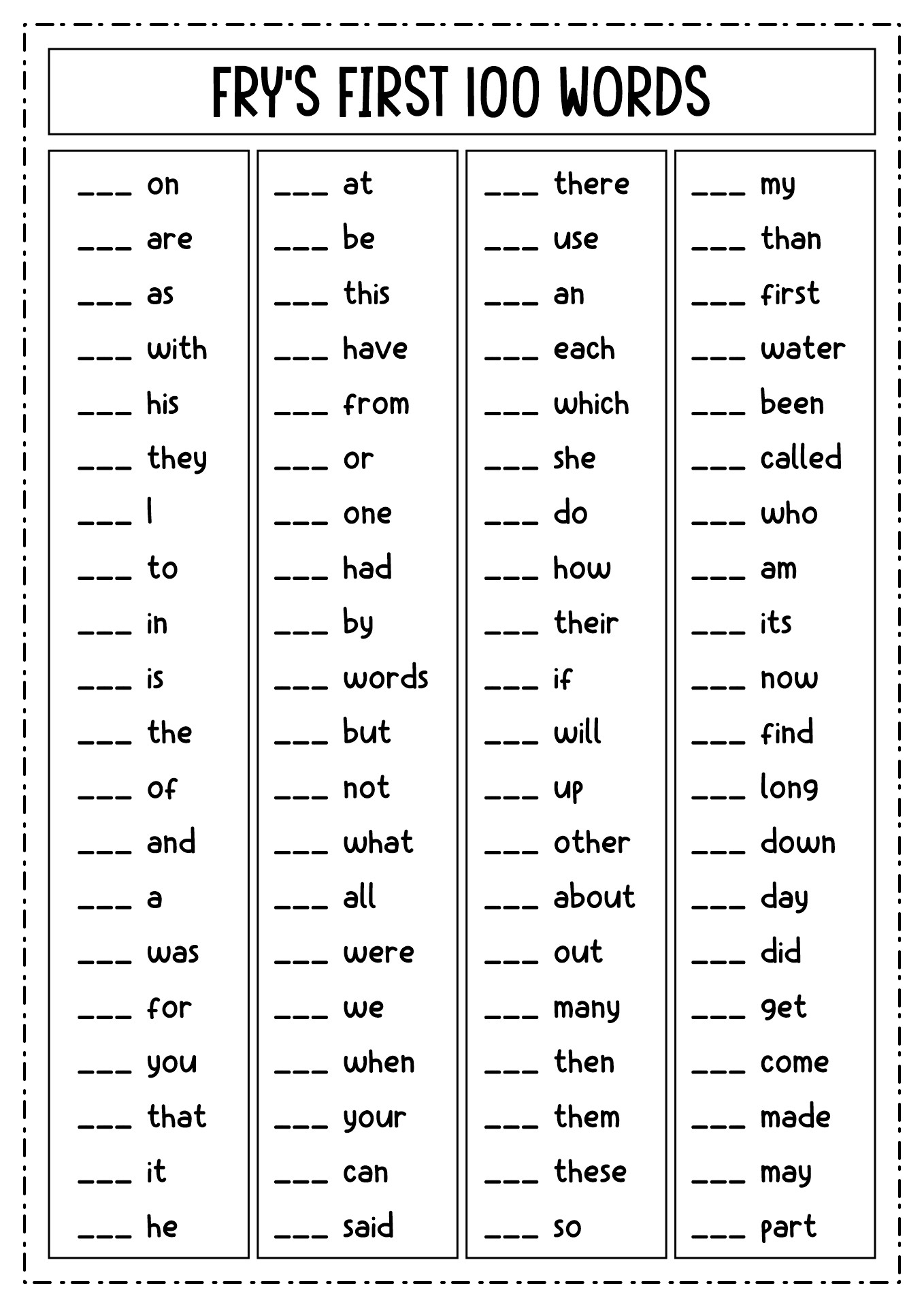 First 100 Sight Words Printable