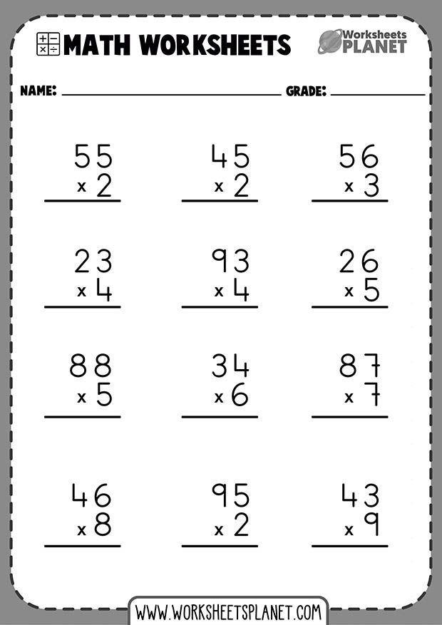 1-Digit x 2-Digit Multiplication Worksheets