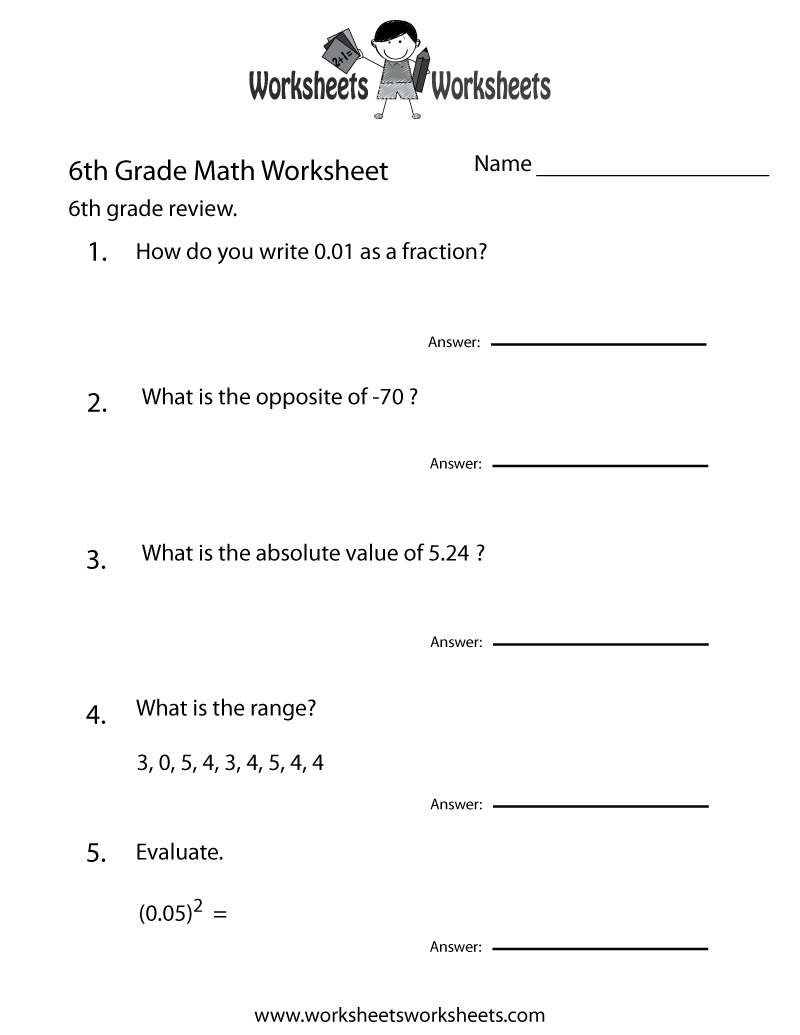 Free Printable 6th Grade Math Review Worksheet