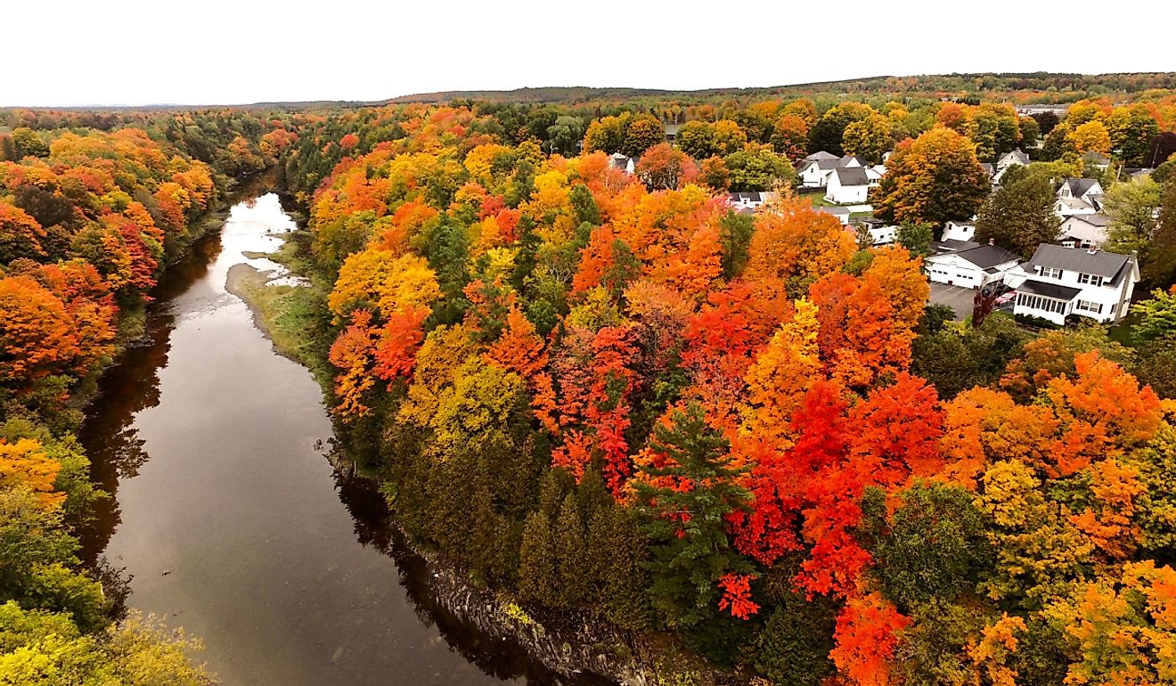 Fall foliage on the Meduxnekeag River in Houlton, Maine.