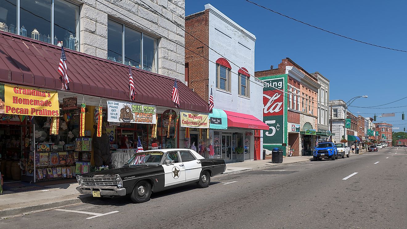 Downtown Mount Airy ("Mayberry") from Main Street in Mount Airy, North Carolina. Image credit Nagel Photography via Shutterstock