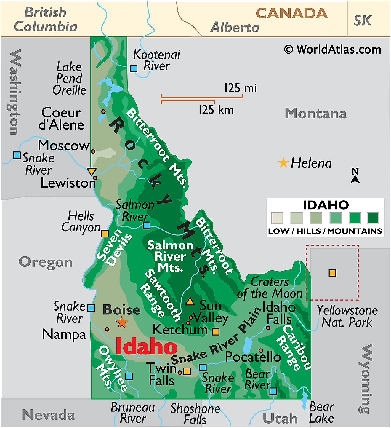 Carte physique de Idaho. Elle montre les caractéristiques physiques de l'Idaho, notamment ses chaînes de montagnes et ses principales rivières. 