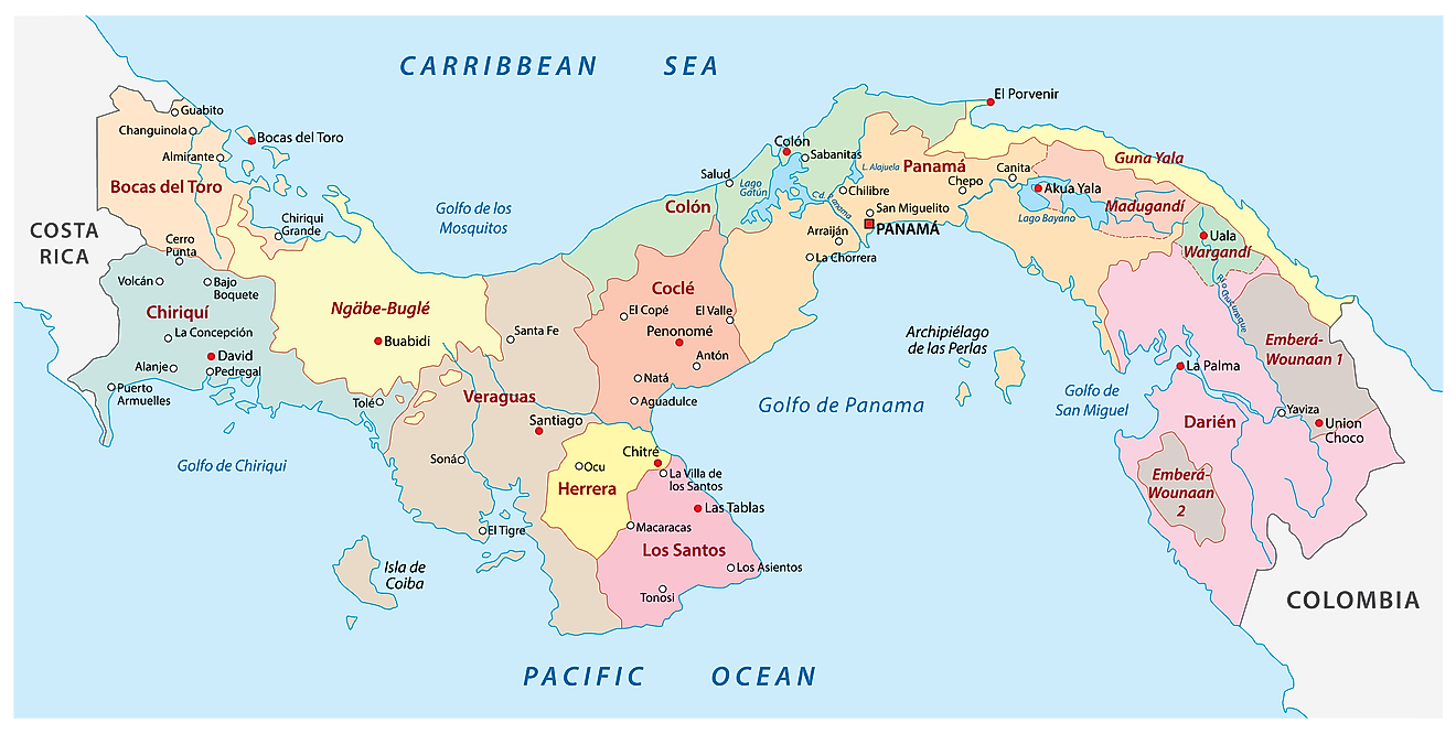 Political Map of Panama showing its 10 provinces and 3 indigenous regions and the capital - Panama City