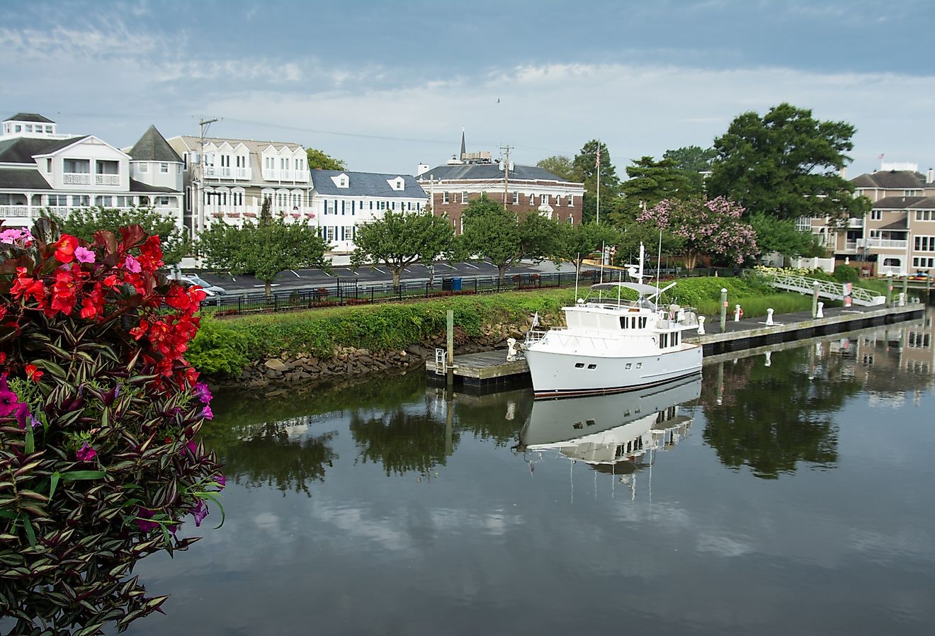 View of the canal and downtown Lewes, Delaware from the bridge.