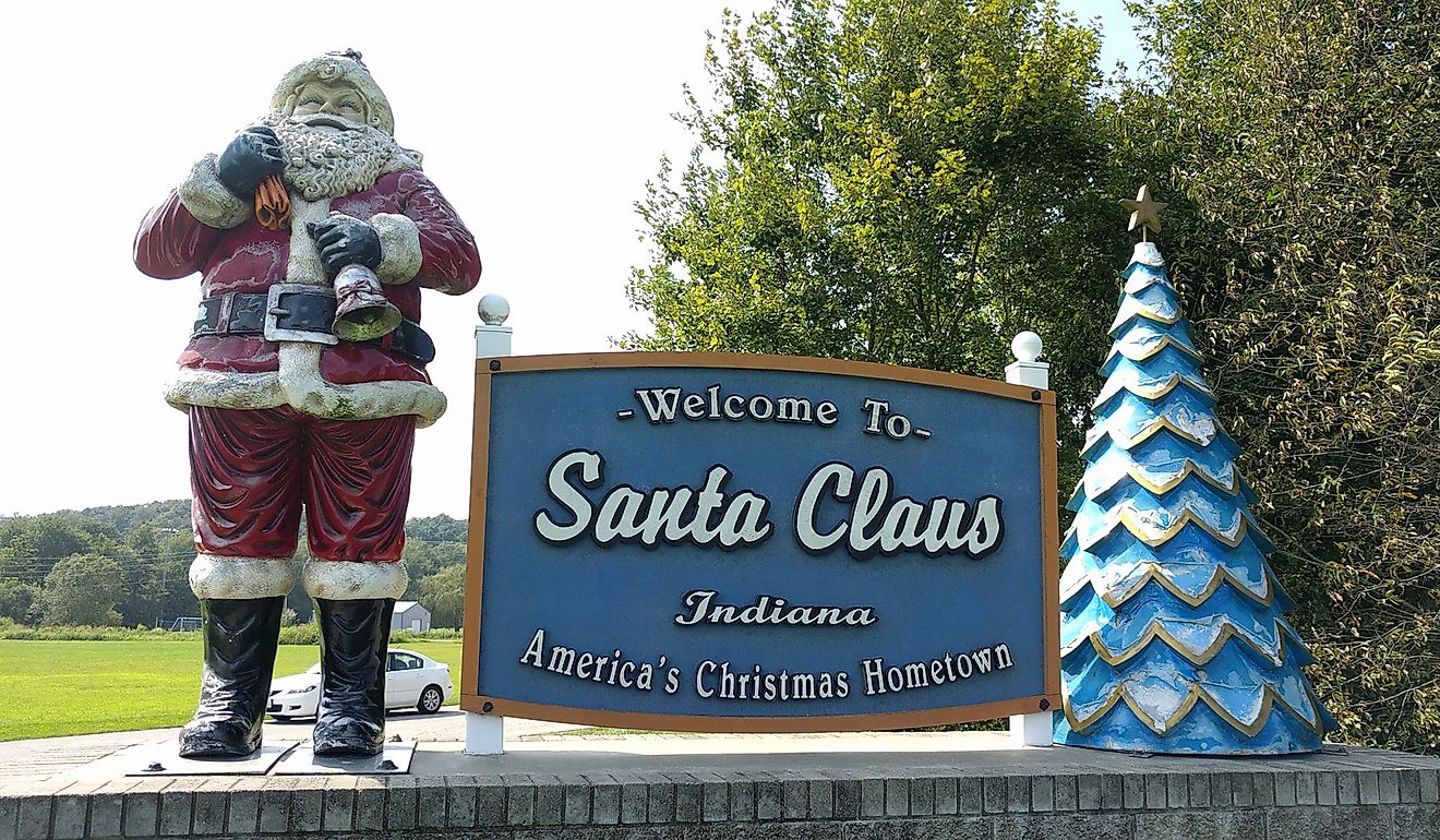 A sign welcoming visitors to Santa Claus. Image credit: Drew Tarvin/Flickr.