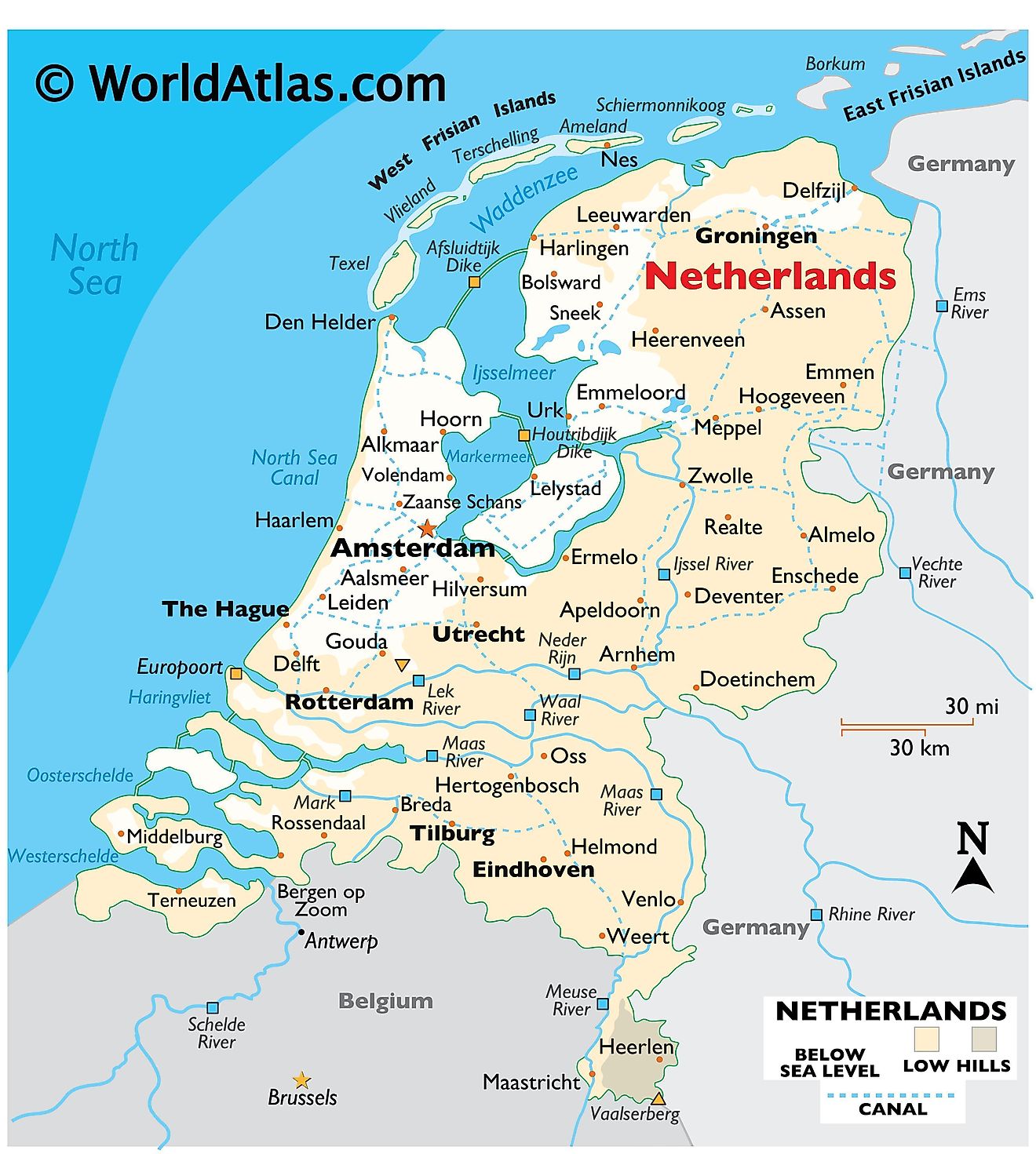 Physical Map of the Netherlands showing relief, international boundaries, major rivers,  extreme points, important cities, islands, etc.