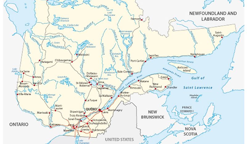 A map showing Quebec and some of its borders. 