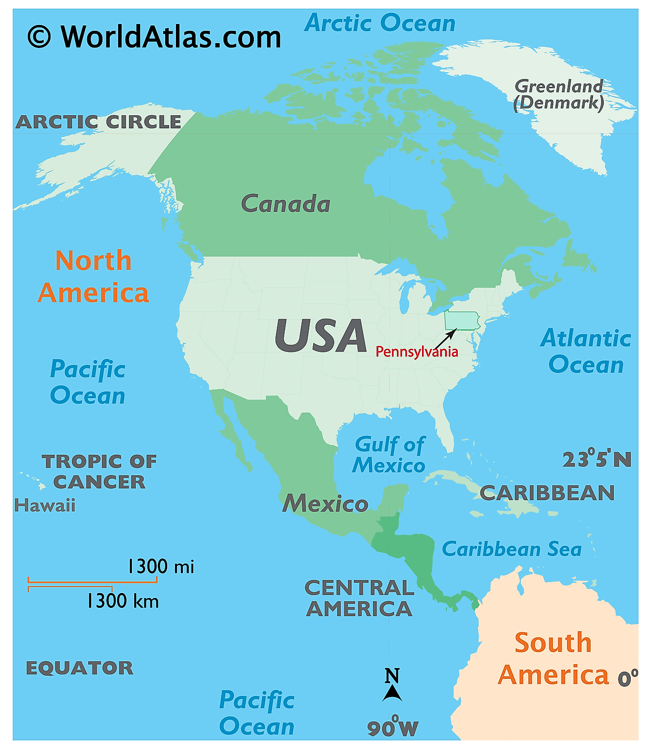 Map showing location of Pennsylvania in the world.