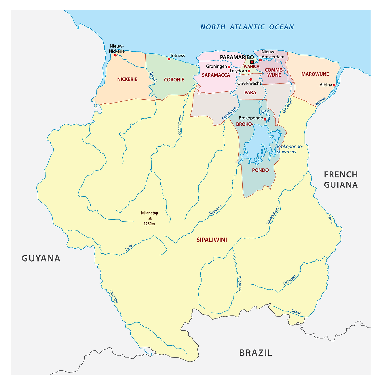 Political Map of Suriname showing its 10 districts and the capital city of Paramaribo.