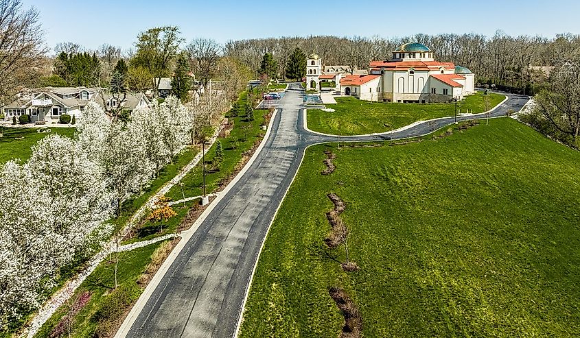 An aerial view of St. George Orthodox Church in spring.