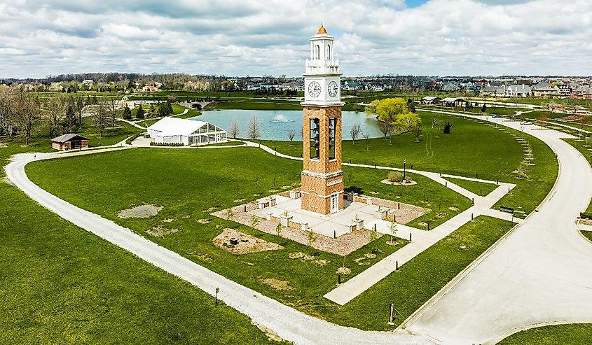 An aerial view of local park Coxhall Gardens in spring, Carmel, Indiana