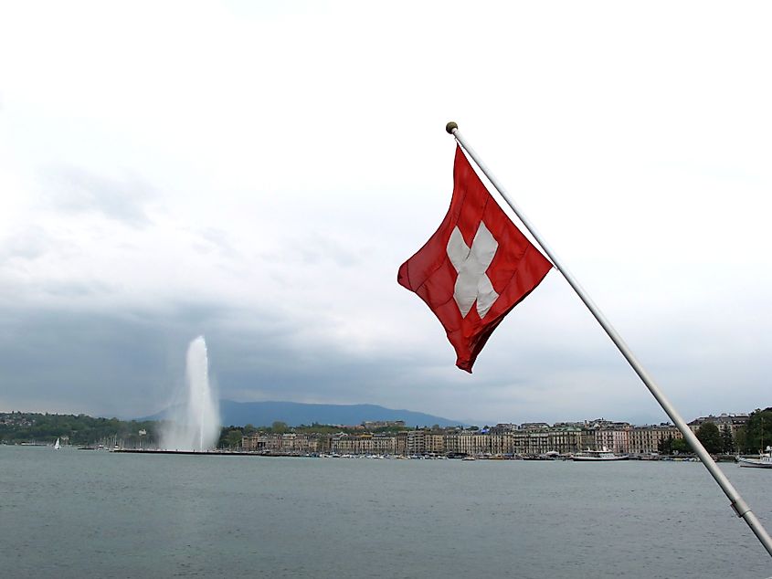 The Swiss flag flying by Lake Geneva, Switzerland