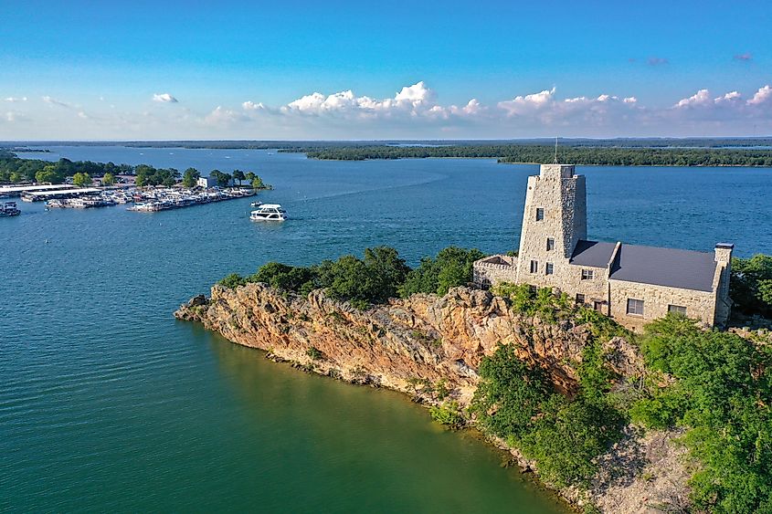 Aerial view of Tucker Tower on Lake Murray in Ardmore Oklahoma 