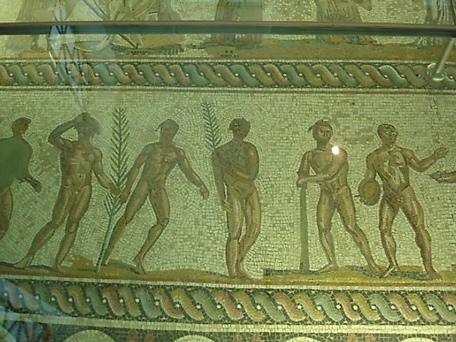 Mosaic floor depicting various athletes wearing wreaths. From the Museum of Olympia.