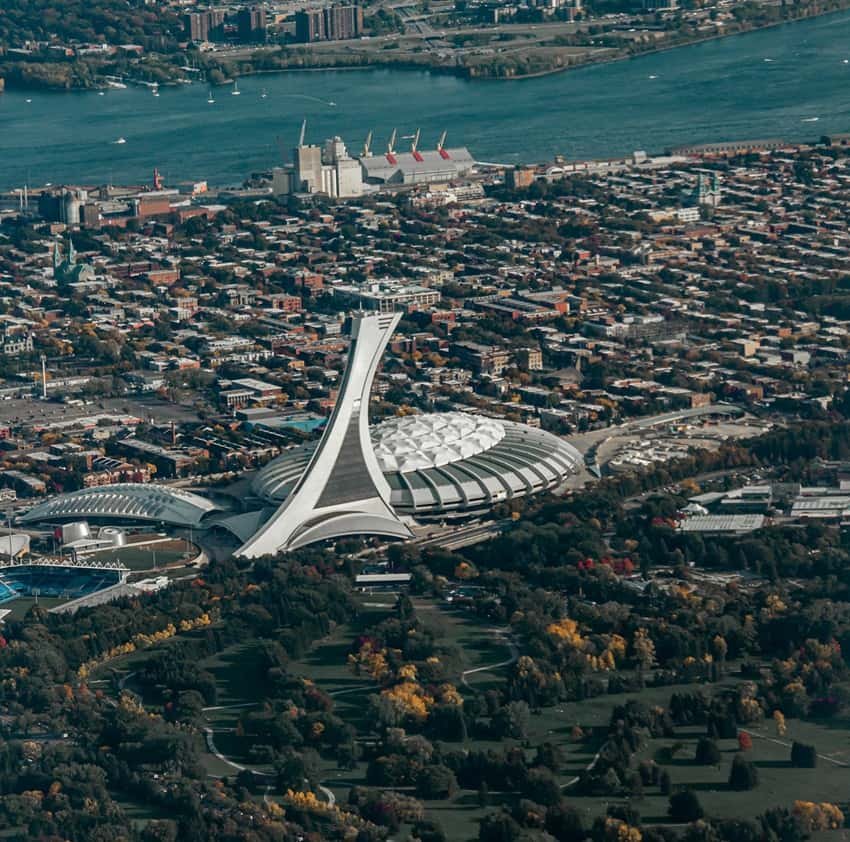 Aerial view of montreal olympic stadium