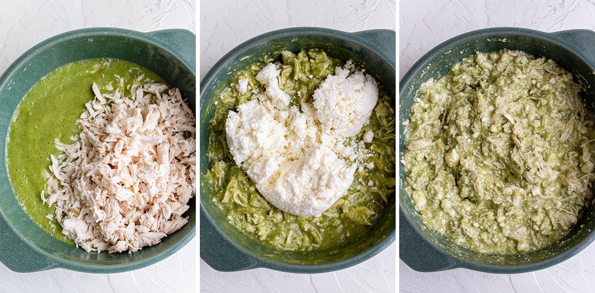 collage of 3 images showing steps for making chicken tamale filling