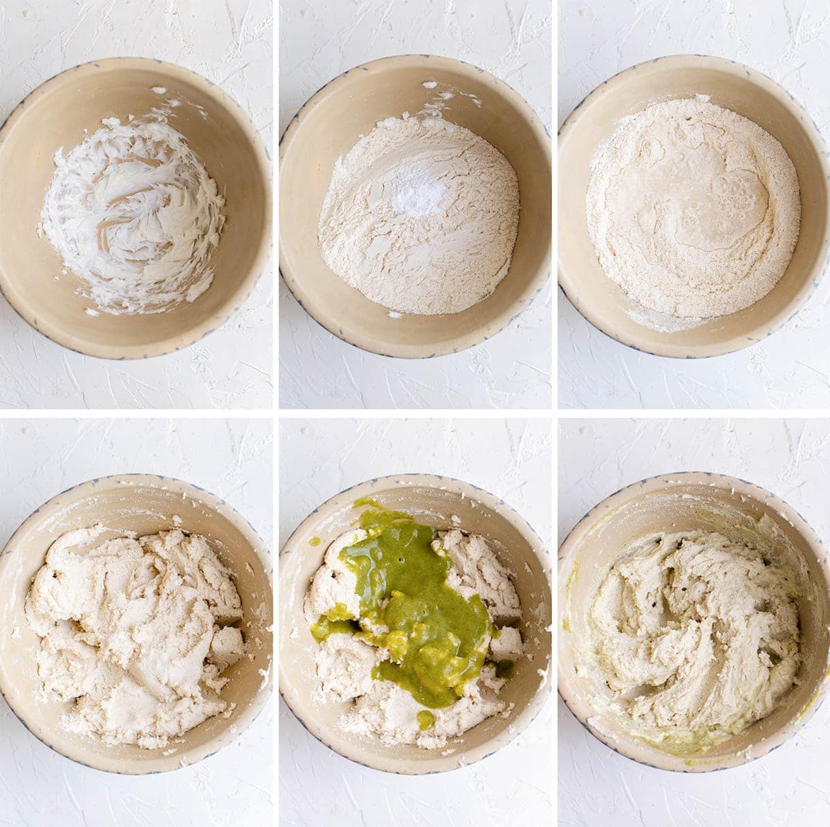 collage of 6 images showing how to make masa dough for tamales