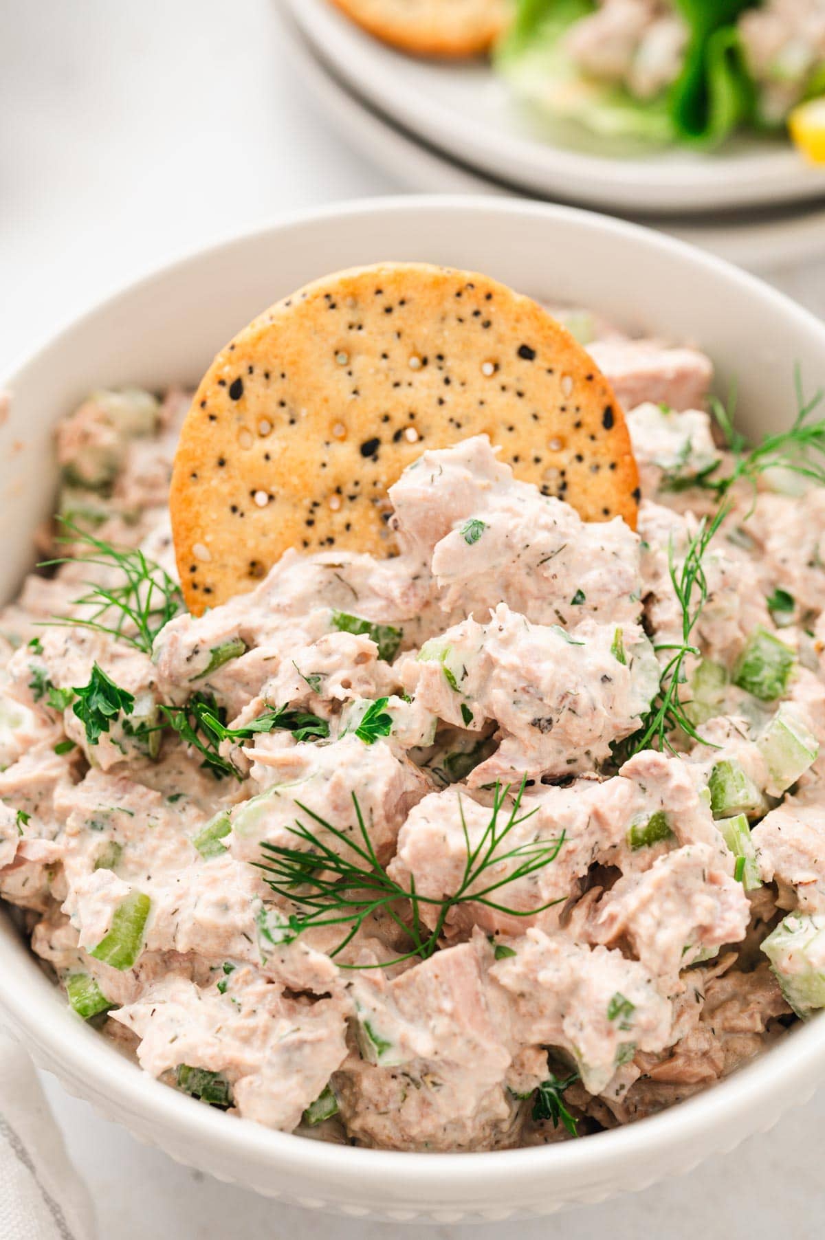 A bowl with tuna salad and a cracker.