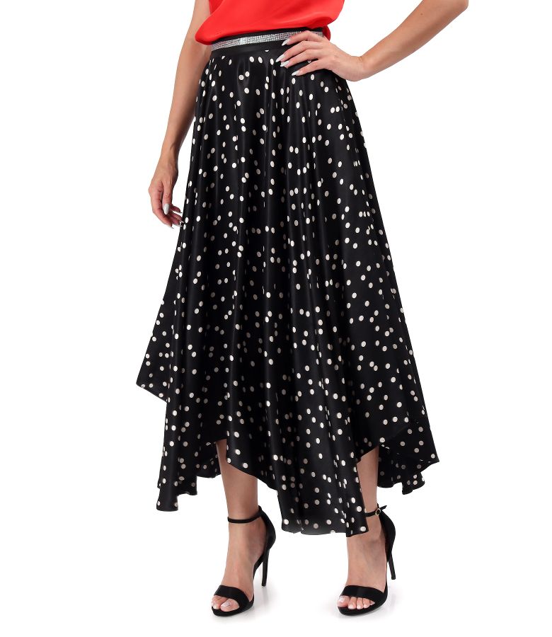 Long skirt made of satin viscose printed with polka dots