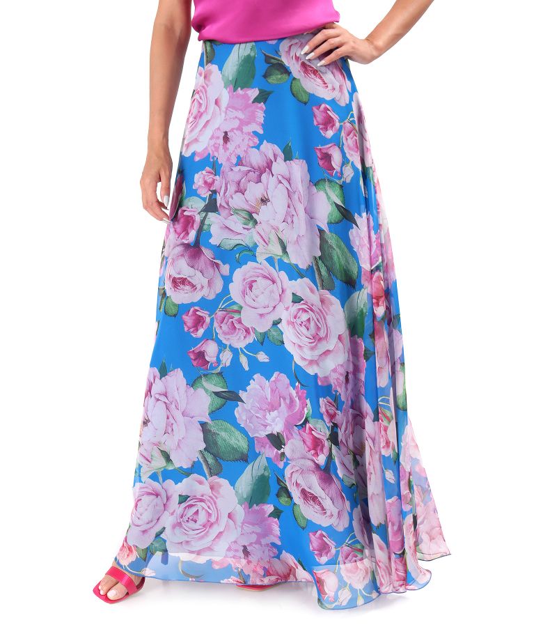 Elegant long voile skirt printed with floral motifs