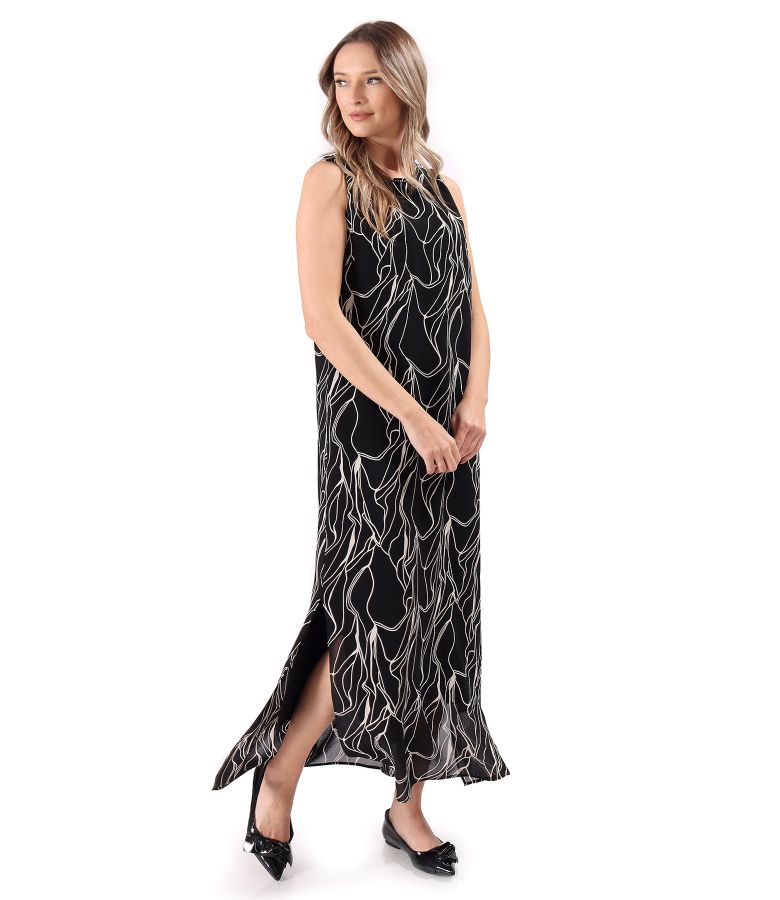 Long viscose dress printed with geometric motifs with side slits