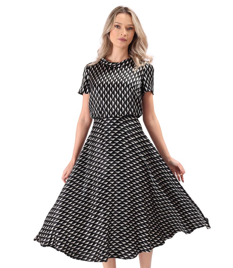 Viscose satin midi dress printed with geometric motifs