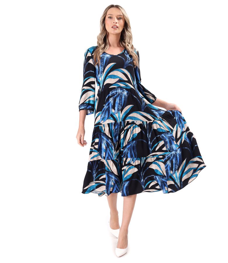 Midi dress with ruffles in viscose printed with floral motifs