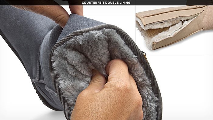 The sheepskin in counterfeit UGG boots often consists of inferior materials with synthetic layers that separate easily, unlike the seamless, high-grade sheepskin in authentic boots